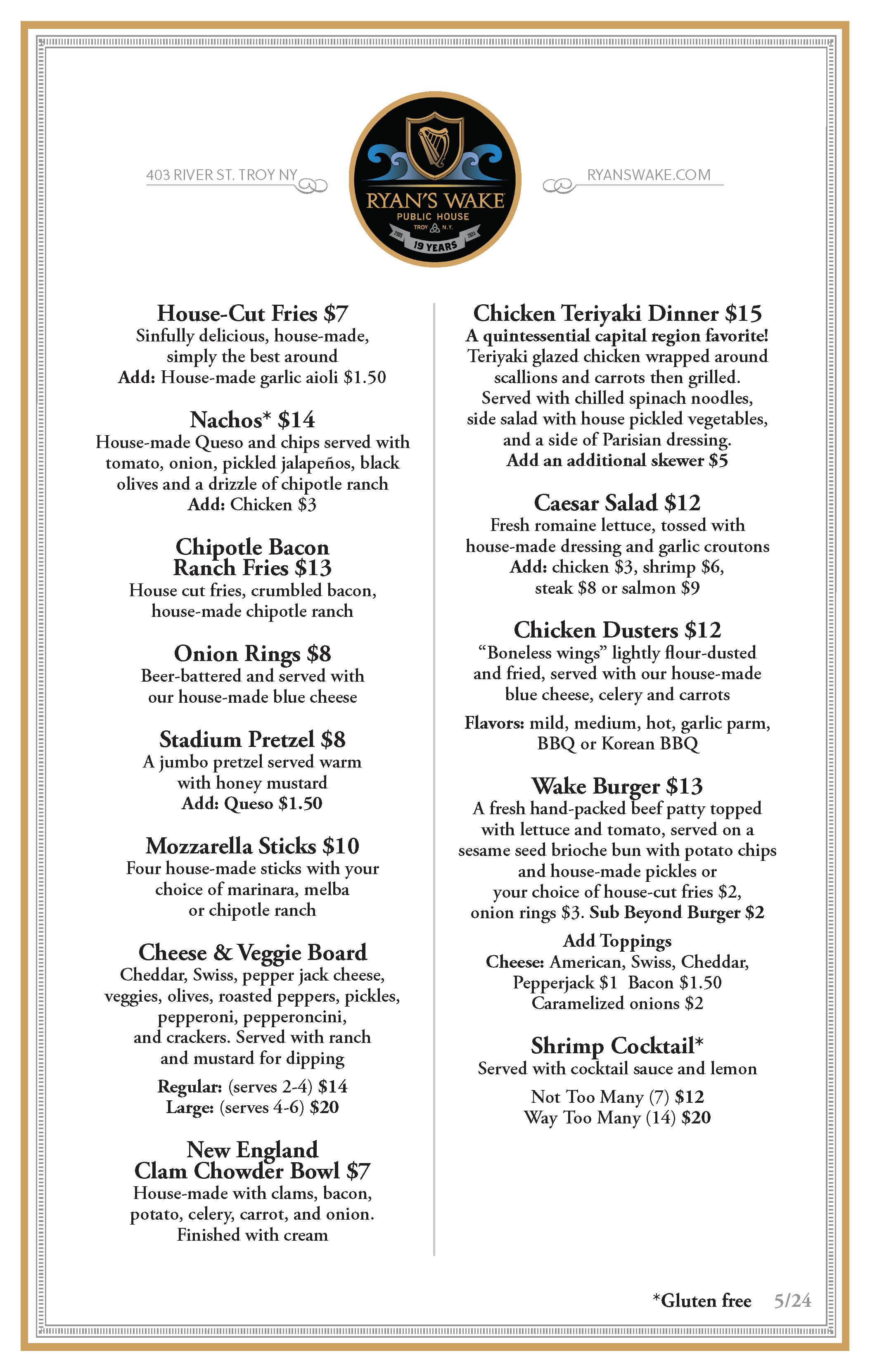 Ryans Wake Sunday Food Menu